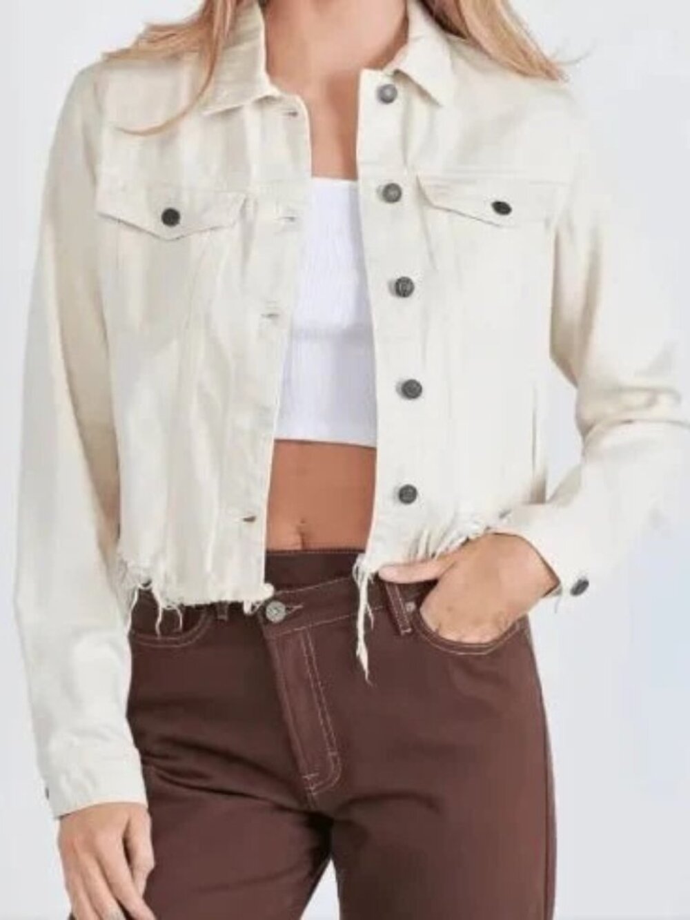 Hidden Jeans Frayed Cream Denim Jacket Size Medium